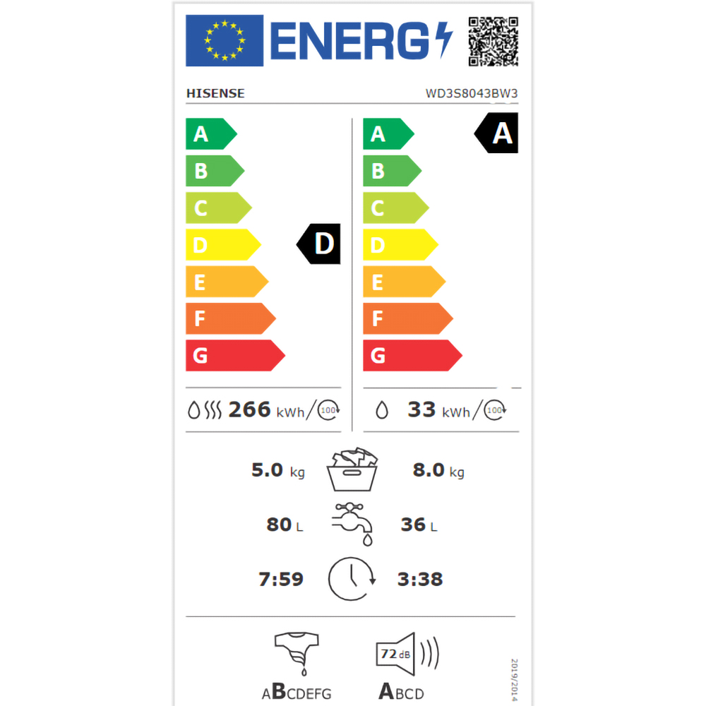 Masina de spalat rufe frontala cu uscator HISENSE WD3S8043BW3, Steam, 8/5 kg, 1400rpm, Clasa A/D, Wi-Fi, alb