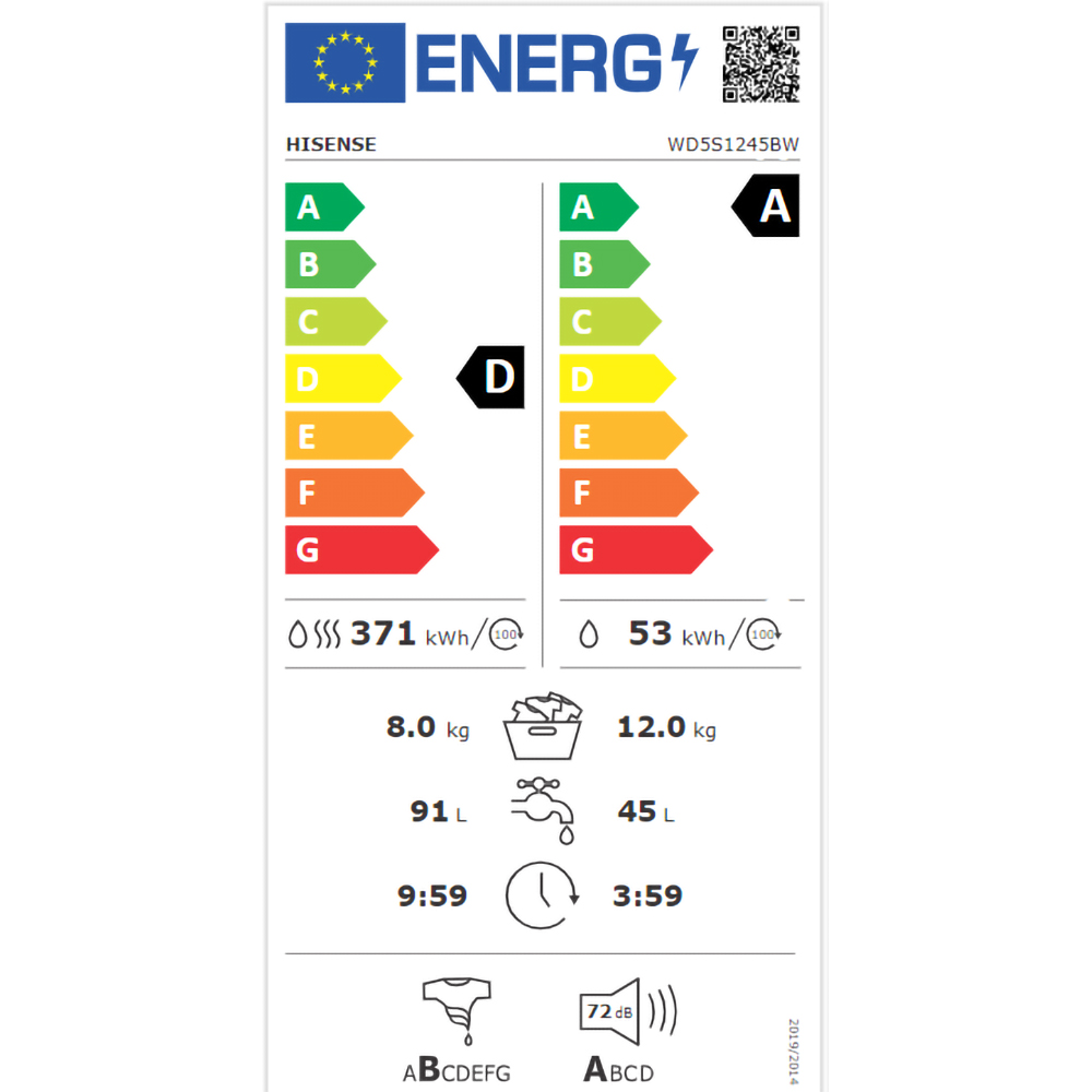 Masina de spalat rufe frontala cu uscator HISENSE WD5S1245BW, Steam, 12/8 kg, 1400rpm, Clasa A/D, Wi-Fi, alb