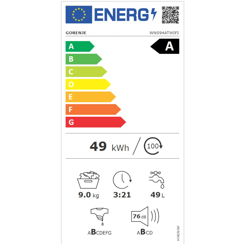 Masina de spalat rufe frontala GORENJE WNS94ATWIFI, SteamTech, 9 kg, 1400rpm, Clasa A, alb