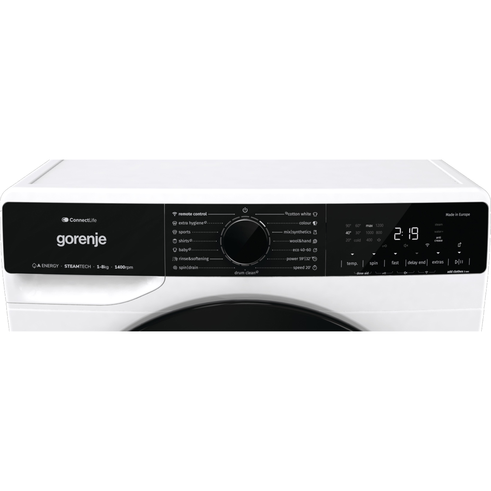 Masina de spalat rufe frontala GORENJE WPNA84A2TSWIFI, SteamTech, 8 kg, 1400rpm, Clasa A, Wi-Fi, alb