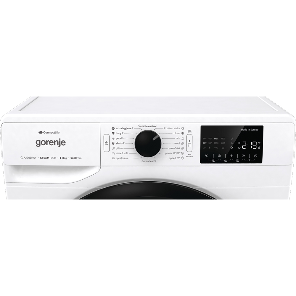 Masina de spalat rufe frontala GORENJE WPNEI84A1SWIFI, SteamTech, 8 kg, 1400rpm, Clasa A, Wi-Fi, alb
