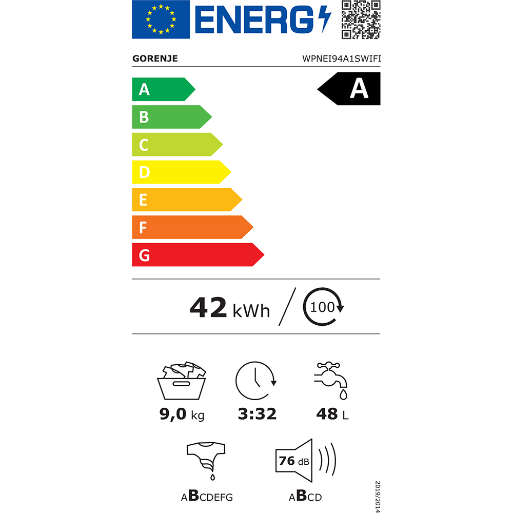Masina de spalat rufe frontala GORENJE WPNEI94A1SWIFI, SteamTech, 9 kg, 1400rpm, Clasa A, Wi-Fi, alb kg