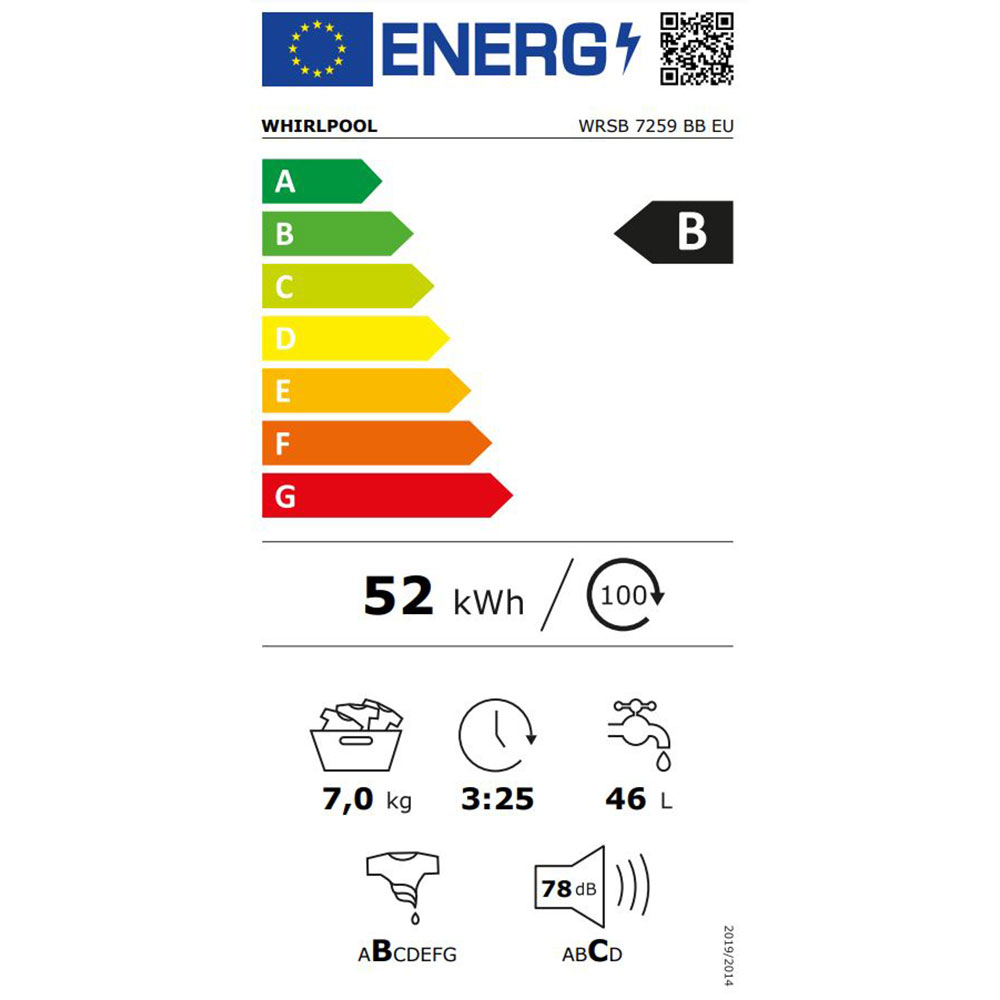 Masina de spalat rufe frontala slim WHIRLPOOL WRSB 7259 BB EU, 7 kg, 1200rpm, Clasa B, alb