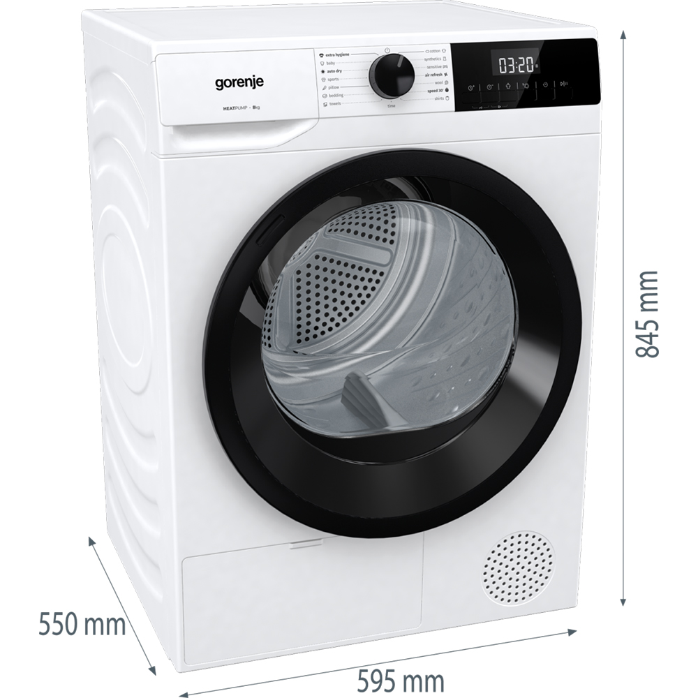 Uscator de rufe GORENJE DHNE82, Pompa de caldura, 8 kg, 15 programe, Clasa D, alb