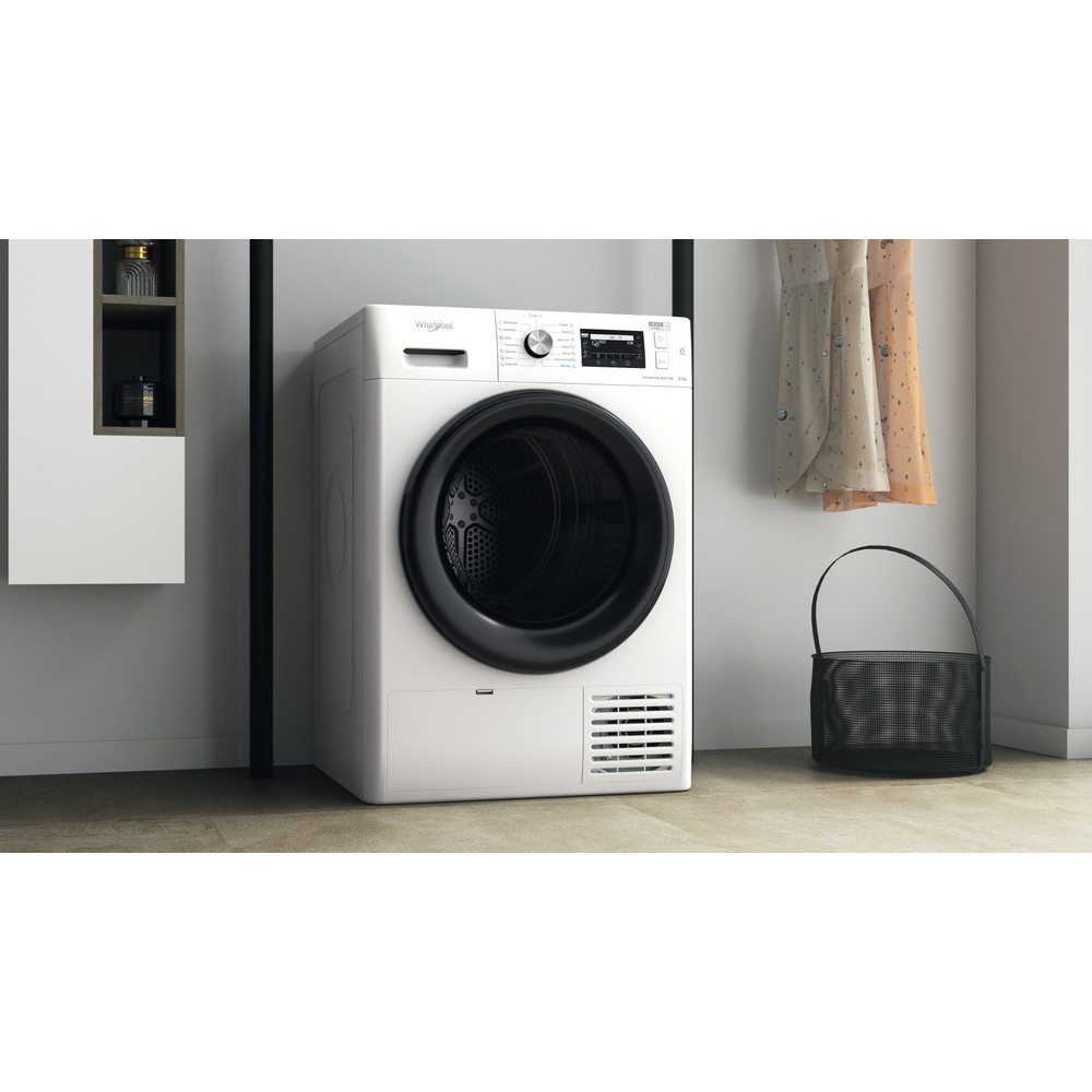 Uscator de rufe WHIRLPOOL FFT D 8X3B EE, 6th Sense, Condensare si pompa de caldura, 8 kg, 19 programe, Clasa C, alb
