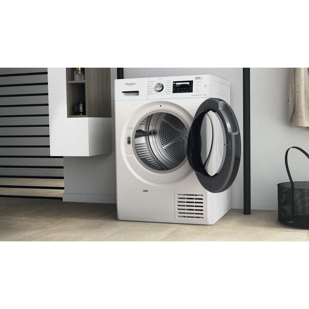 Uscator de rufe WHIRLPOOL FFT D 8X3B EE, 6th Sense, Condensare si pompa de caldura, 8 kg, 19 programe, Clasa C, alb