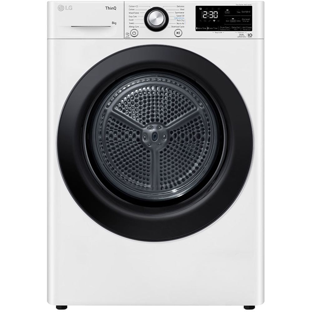 Uscator de rufe LG RH80V3AVBN, ThinQ, Pompa de caldura, 8 kg, 14 programe, Clasa D, alb