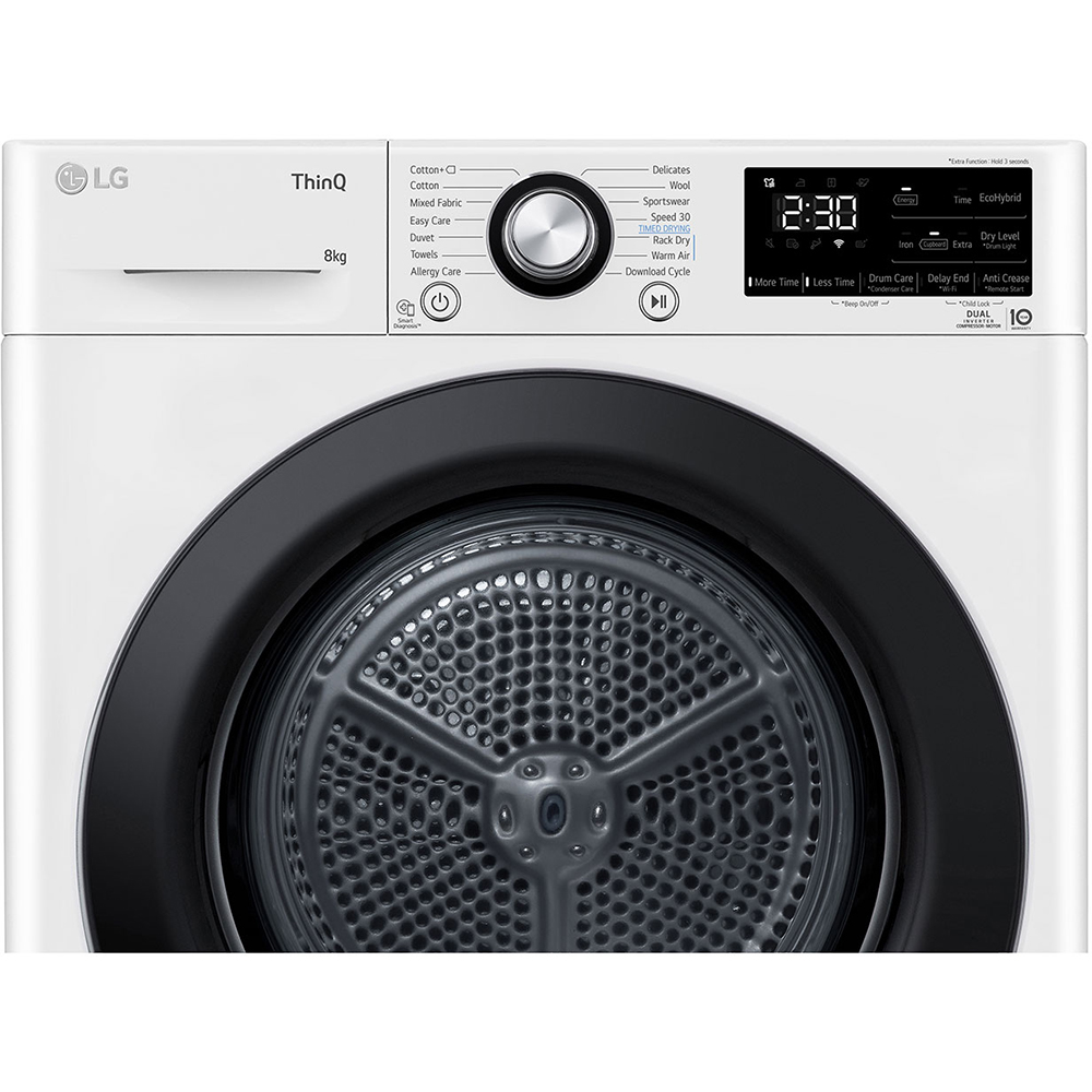 Uscator de rufe LG RH80V3AVBN, ThinQ, Pompa de caldura, 8 kg, 14 programe, Clasa D, alb