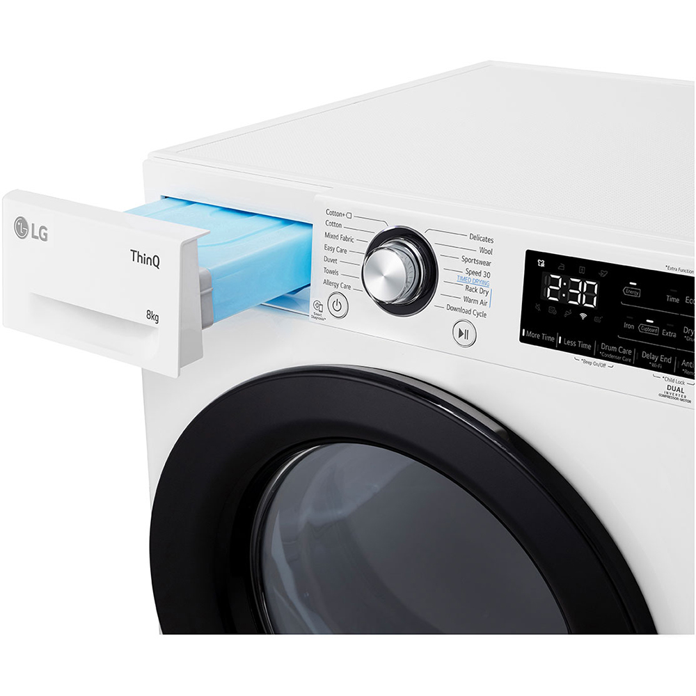 Uscator de rufe LG RH80V3AVBN, ThinQ, Pompa de caldura, 8 kg, 14 programe, Clasa D, alb