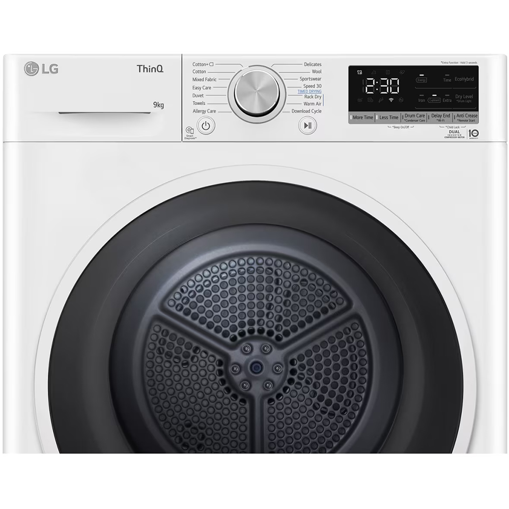 Uscator de rufe LG RH90V5AV6N, SmartThinQ, Condensare si pompa de caldura, 9 kg, 14 programe, Clasa D, alb