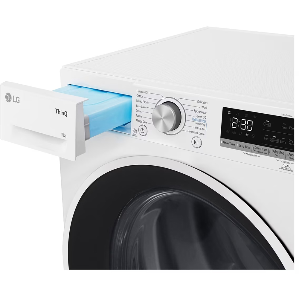Uscator de rufe LG RH90V5AV6N, SmartThinQ, Condensare si pompa de caldura, 9 kg, 14 programe, Clasa D, alb