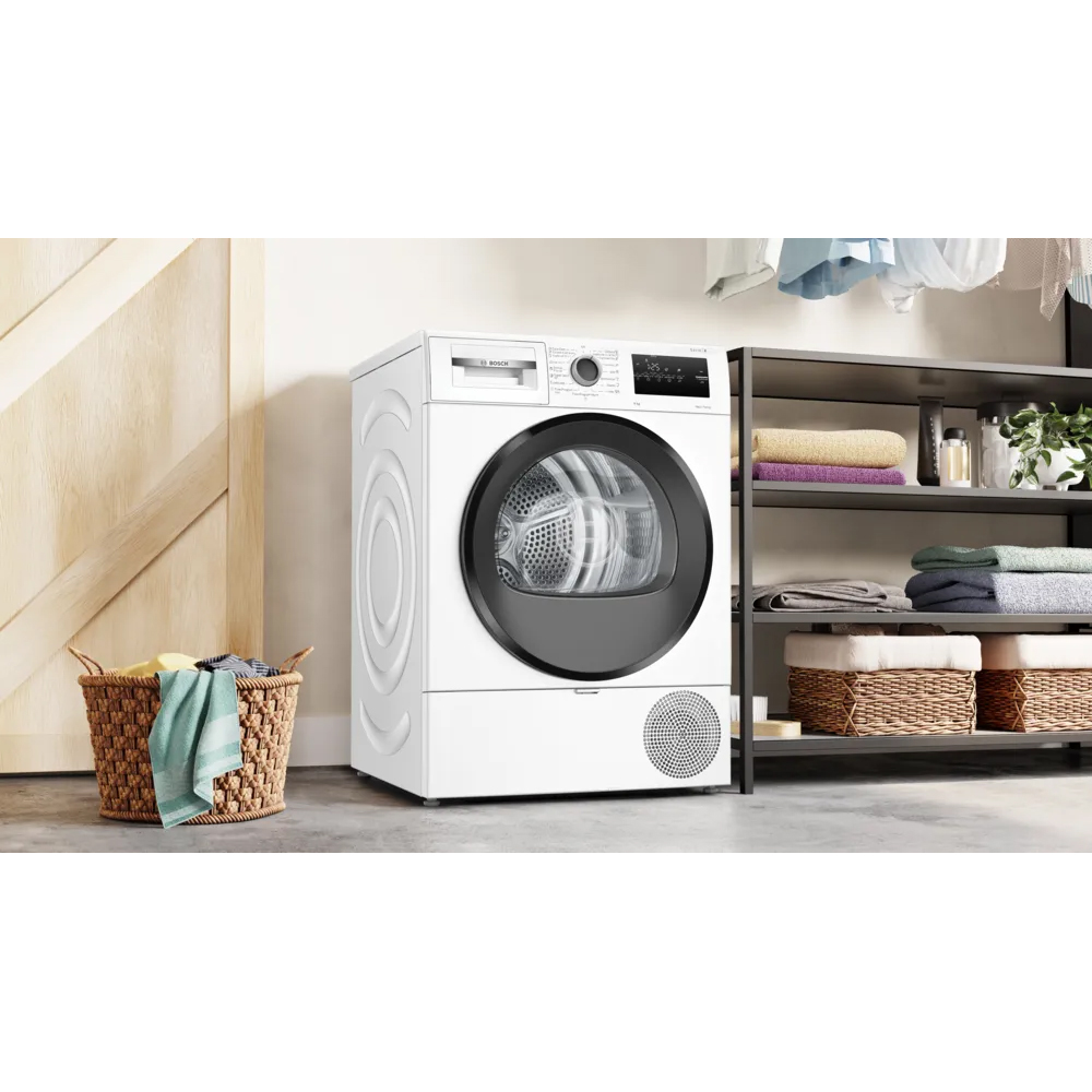 Uscator de rufe BOSCH WTH85221BY, Condensare si pompa de caldura, 8 kg, 15 programe, Clasa D, alb