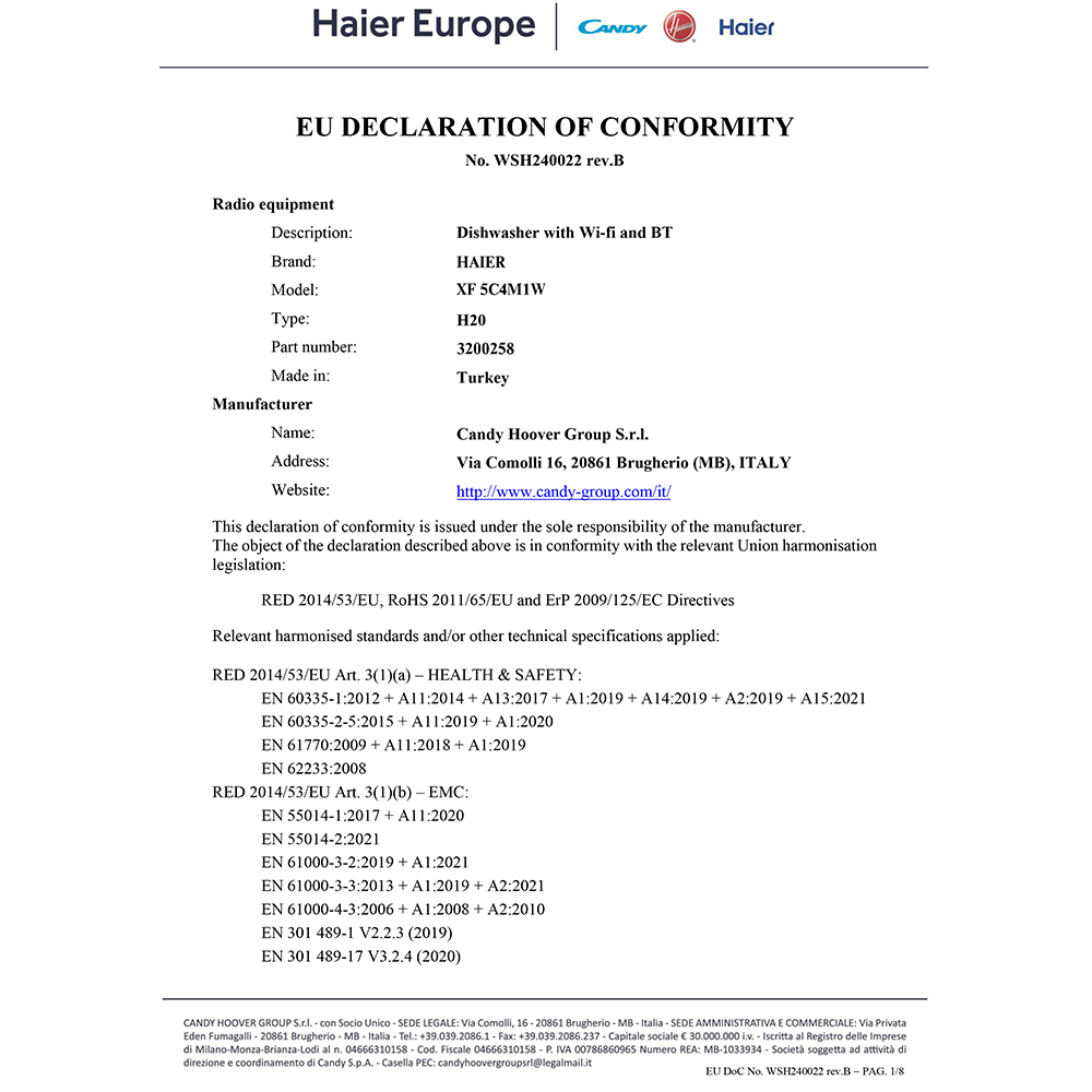 Masina de spalat vase independenta HAIER XF 5C4M1W, 15 seturi, 10 programe, 60 cm, Clasa C, alb
