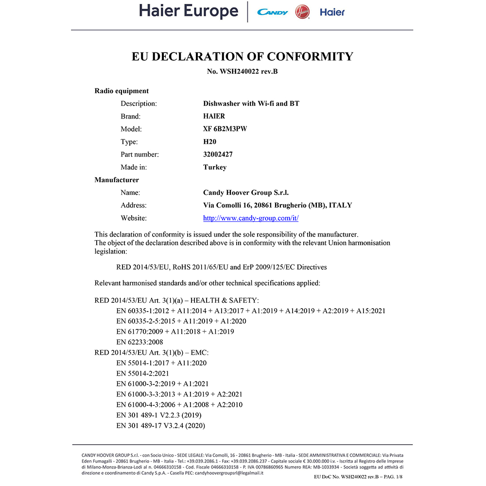 Masina de spalat vase independenta HAIER XF 6B2M3PW, 16 seturi, 10 programe, 60 cm, Clasa B, alb
