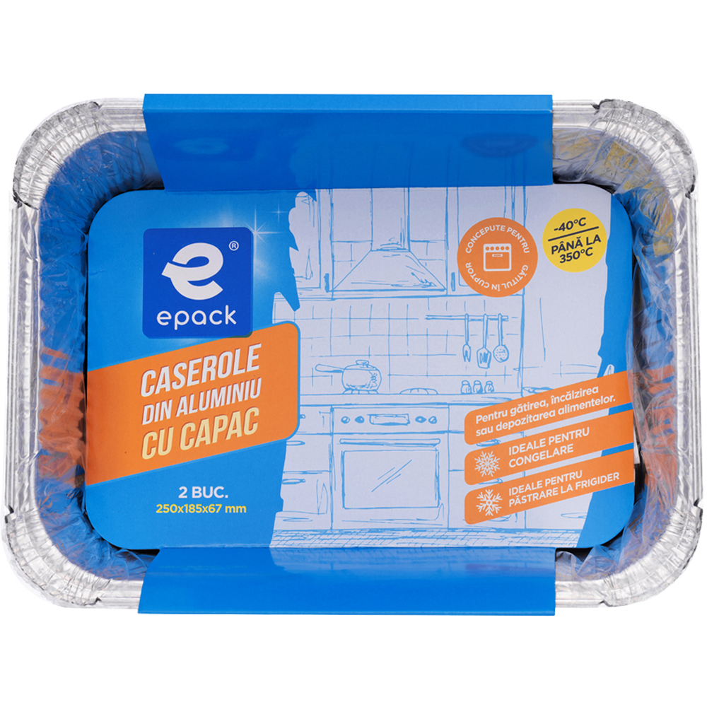 Caserola EPACK, aluminiu, cu capac, 25 x 18.5 x 6.7 cm, 2 bucati