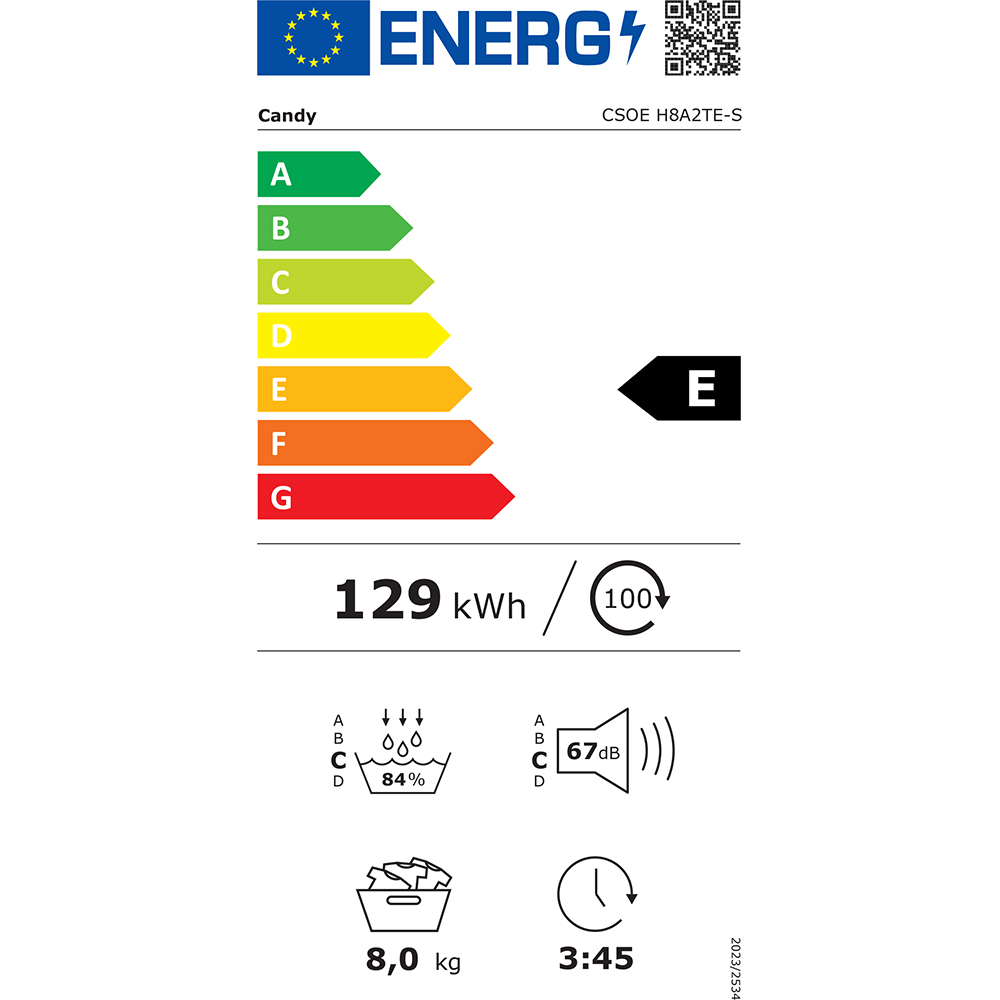 Uscator de rufe CANDY Smart Pro CSOE H8A2TE-S, Pompa de caldura, 8 kg, 14 programe, Clasa E, Wi-Fi, alb