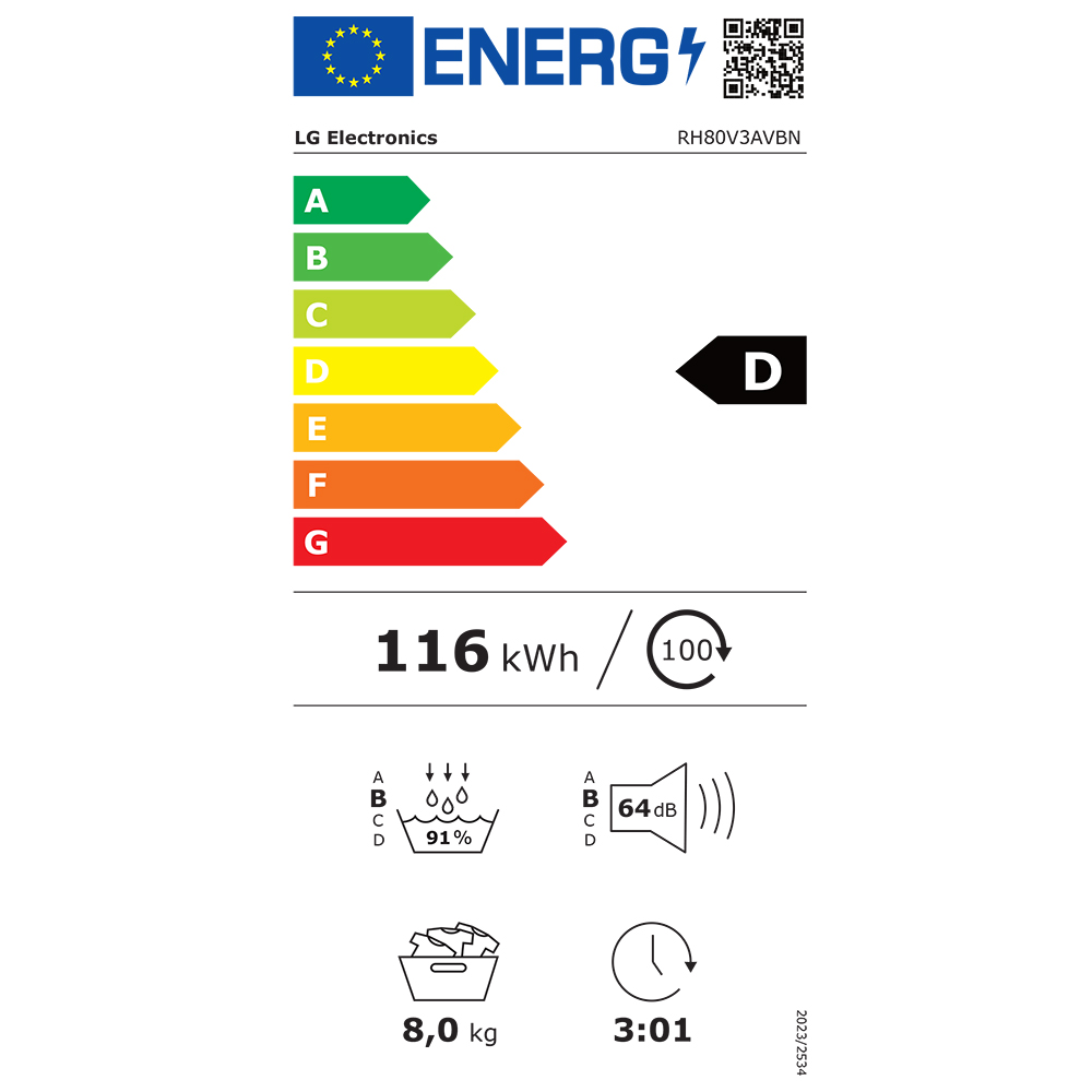 Uscator de rufe LG RH80V3AVBN, ThinQ, Pompa de caldura, 8 kg, 14 programe, Clasa D, alb