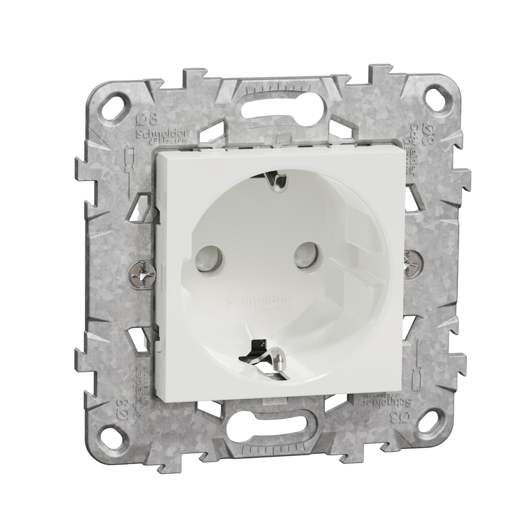 Priza SCHNEIDER Noua Unica NU503718Z, 2P+E 16A, IP20, Obturatoare, Suport fixare si gheare, alb