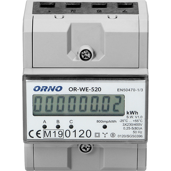 Contor trifazat ORNO OR-WE-520, 80A, 230V, IP20, alb