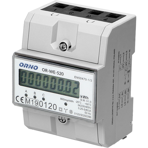 Contor trifazat ORNO OR-WE-520, 80A, 230V, IP20, alb