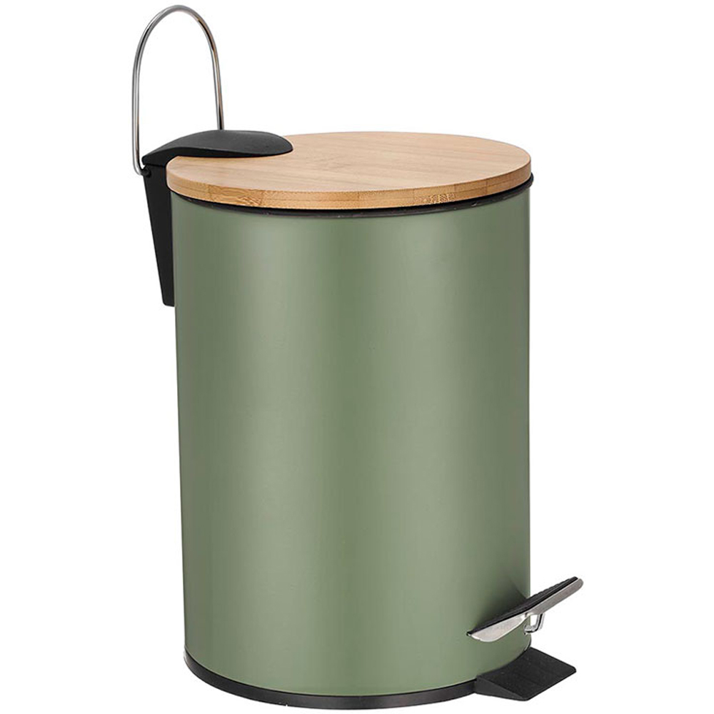 Cos gunoi pentru baie FRANDIS P354363, 3 l, rotund, metal, capac bambus, verde masliniu