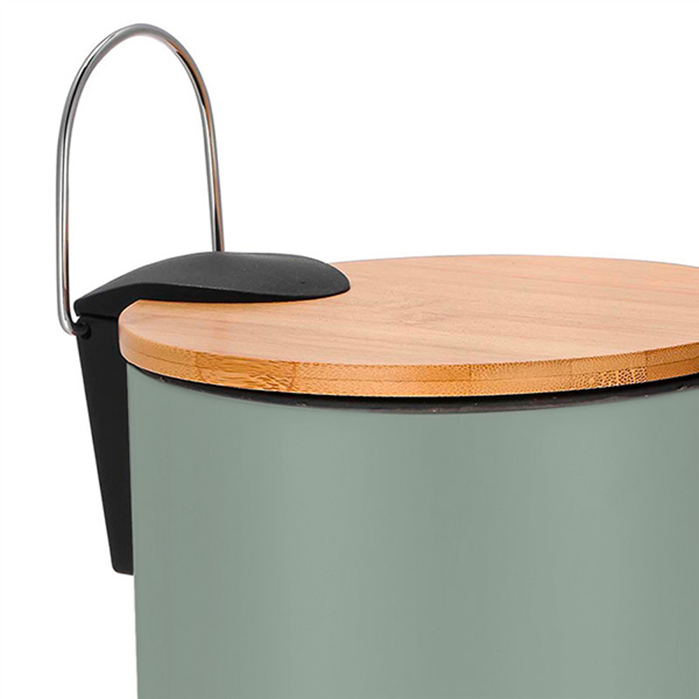 Cos gunoi pentru baie FRANDIS P354363, 3 l, rotund, metal, capac bambus, verde masliniu