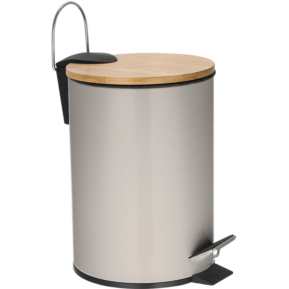 Cos gunoi pentru baie FRANDIS P354366, 3 l, rotund, metal, capac bambus, bej nisip