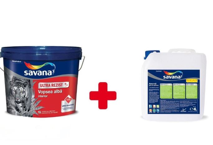 Pachet vopsea lavabila SAVANA, alb, 15L + amorsa 4L
