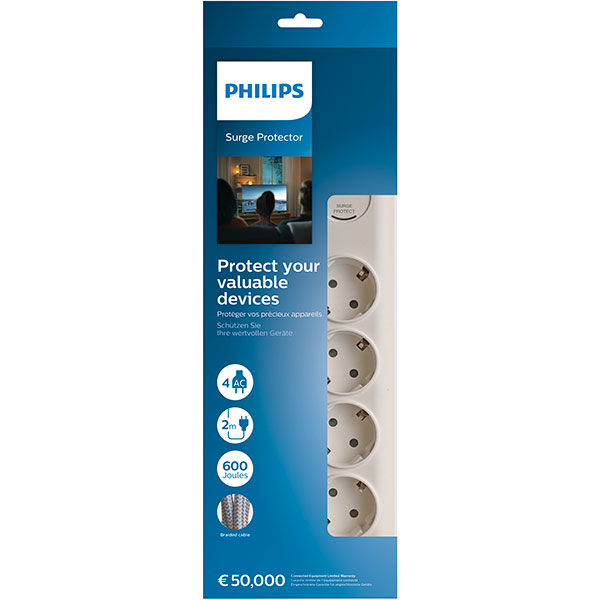 Prelungitor cu protectie PHILIPS SPN7040WA/58, 4 prize, 2m, Protectie copii, alb