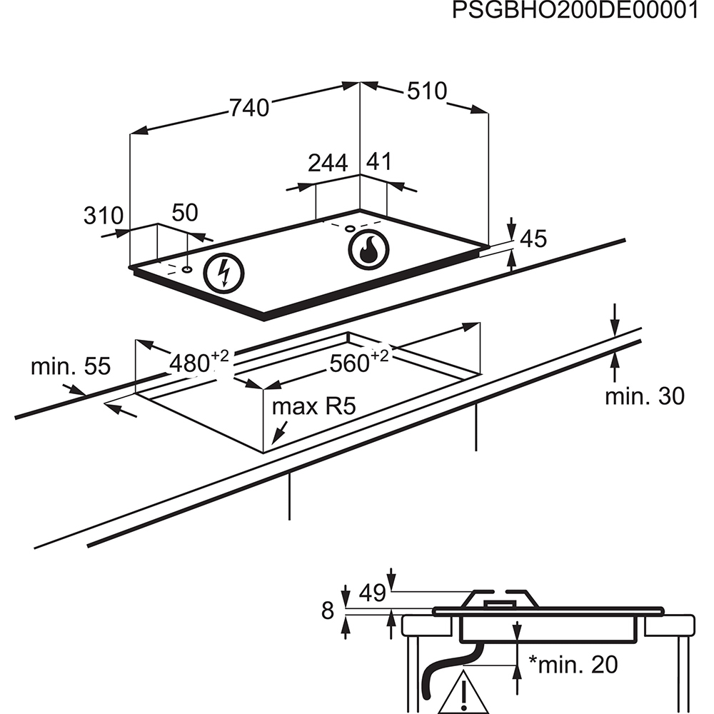 Plita incorporabila ELECTROLUX KGG75362K, Gaz, 5 arzatoare, Wok, negru