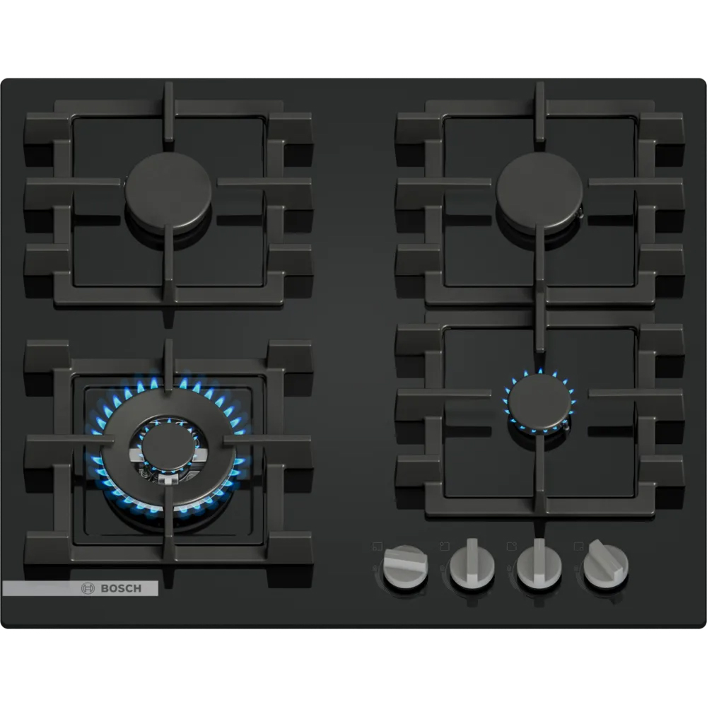 Plita incorporabila BOSCH PNK6B6K40, Gaz, 4 arzatoare, Wok, negru