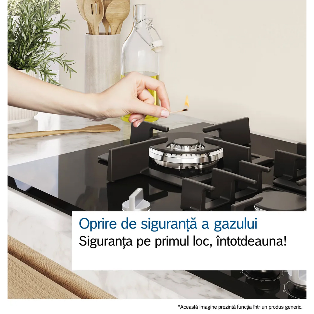 Plita incorporabila BOSCH PNK6B6K40, Gaz, 4 arzatoare, Wok, negru