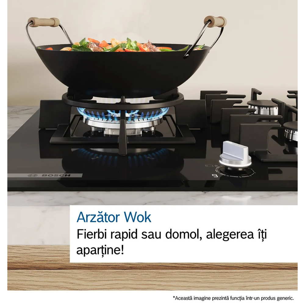 Plita incorporabila BOSCH PNK6B6K40, Gaz, 4 arzatoare, Wok, negru
