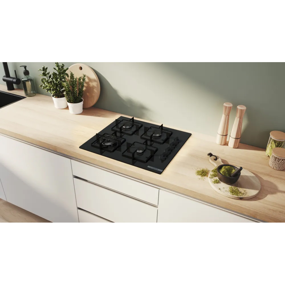 Plita incorporabila BOSCH POH6B6K30, Gaz, 4 arzatoare, Wok, negru
