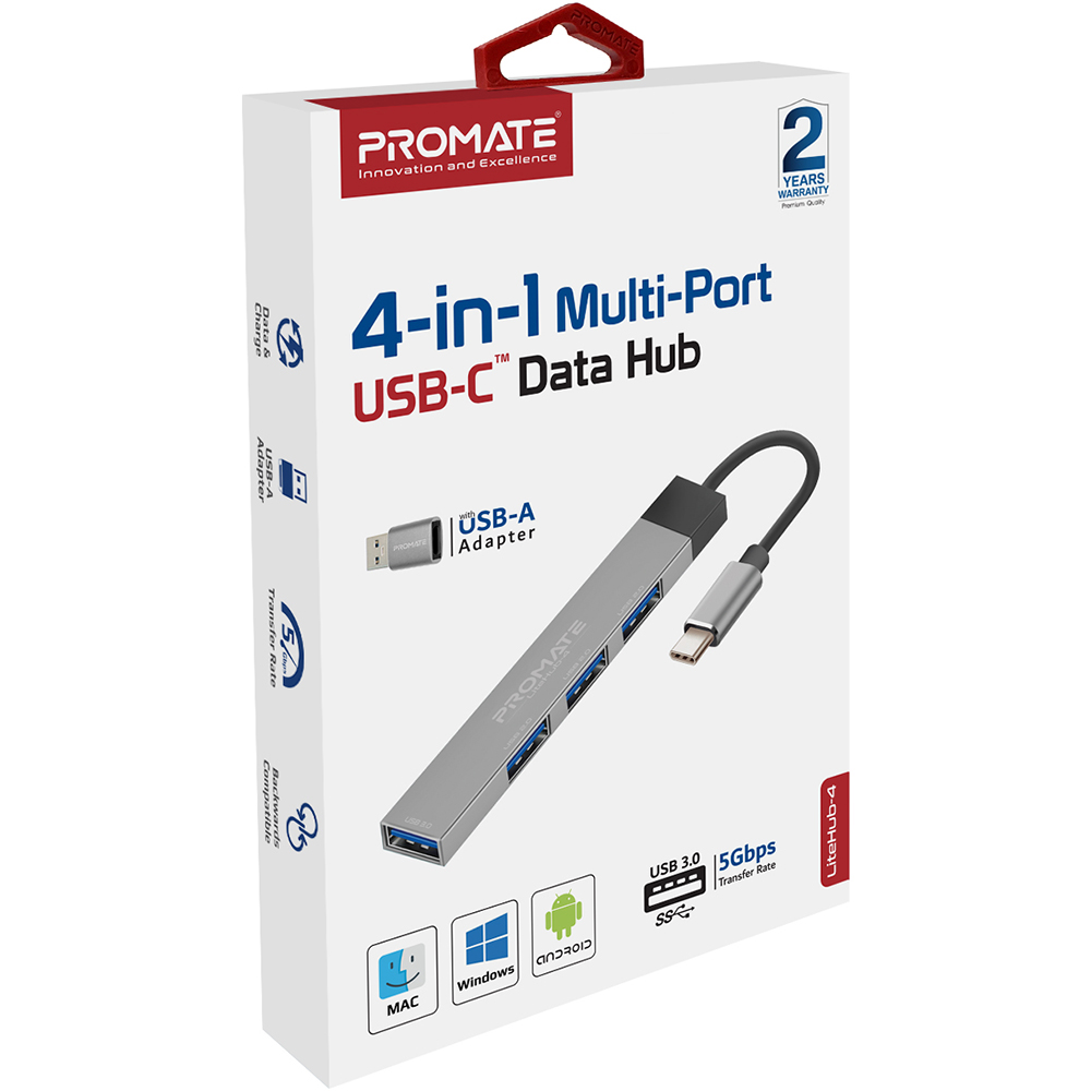 Hub USB PROMATE LiteHub-4, USB 3.0, gri