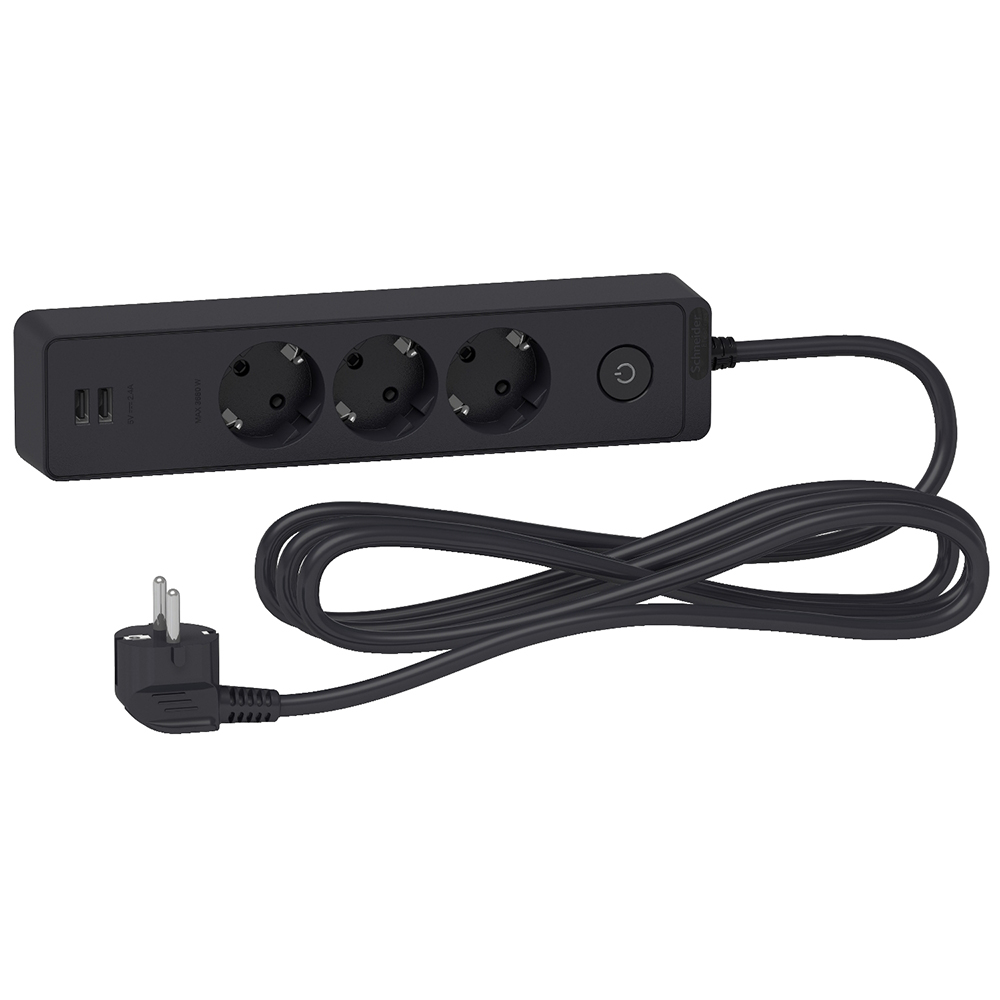 Prelungitor SCHNEIDER Unica SCH-ST943U3B, 3 prize Shucko, 2 USB, intrerupator, 3m, antracit