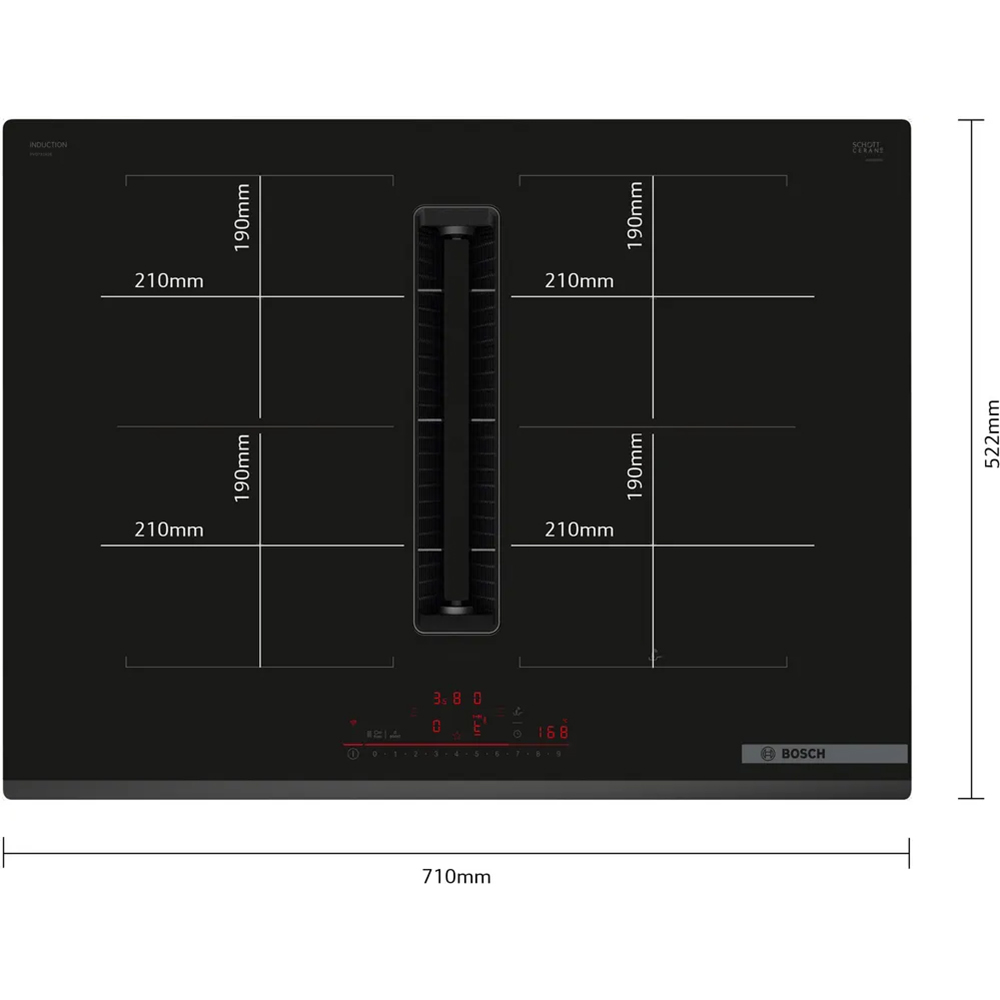 Plita incorporabila cu hota integrata BOSCH PVQ731H26E, Inductie, 4 arzatoare, Touch control, negru