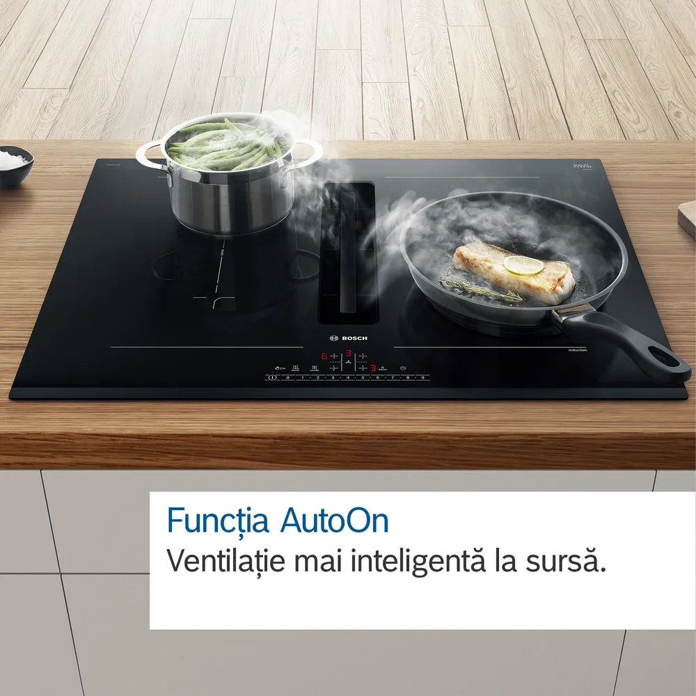 Plita incorporabila cu hota integrata BOSCH PVQ731H26E, Inductie, 4 arzatoare, Touch control, negru