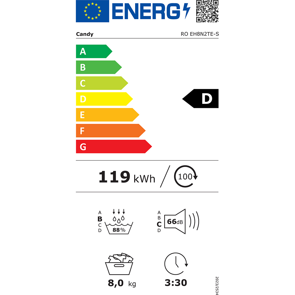 Uscator de rufe CANDY RO EH8N2TE-S, Pompa de caldura, 8 kg, 14 programe, Clasa D, Wi-Fi, alb