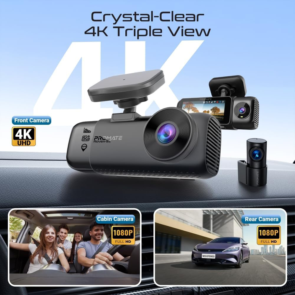 Camera auto tripla DVR PROMATE ROVEX-S3, GPS, 4K, G-Senzor, negru