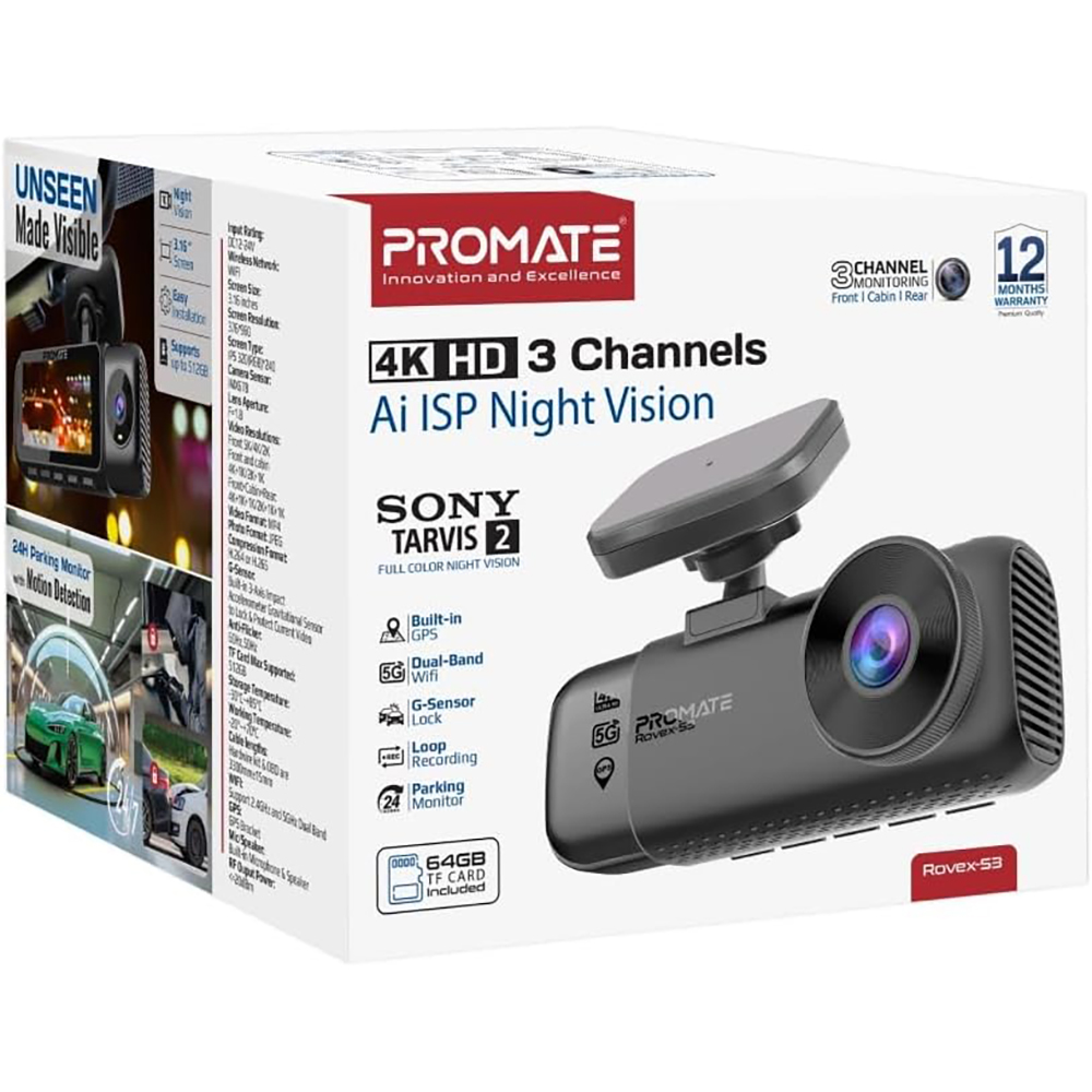 Camera auto tripla DVR PROMATE ROVEX-S3, GPS, 4K, G-Senzor, negru