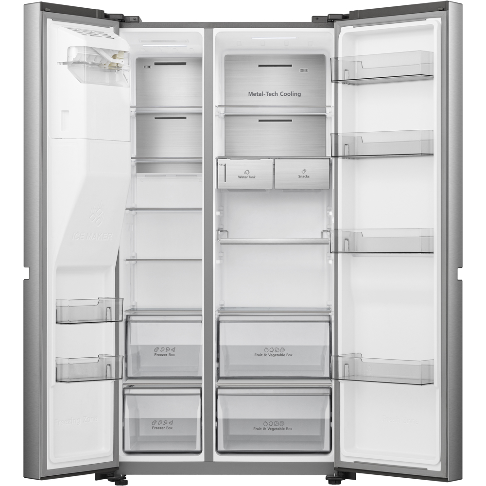 Side by Side HISENSE RS818N4TIE, Total No Frost, 632 l, H 179 cm, Clasa E, Dozator apa, Wi-Fi, argintiu