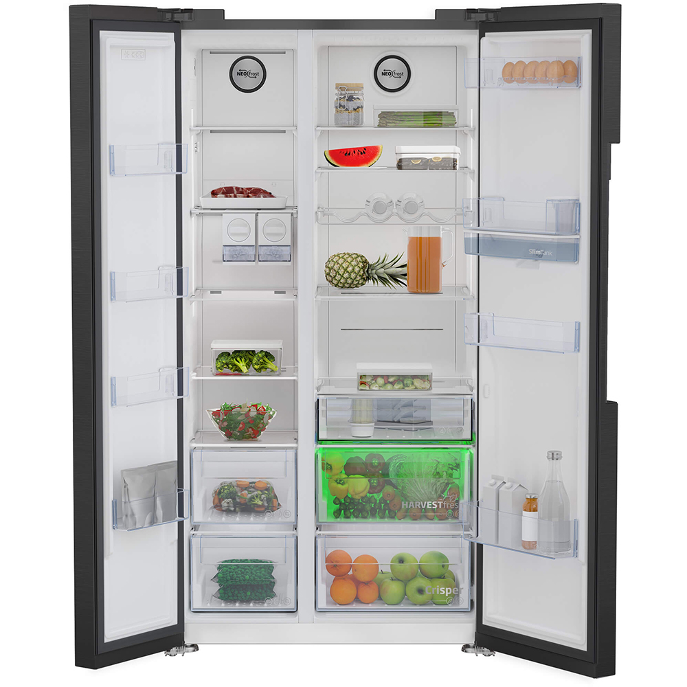 Side by Side BEKO GN163241DXBRN, NeoFrost Dual Cooling, 576 l, H 179 cm, Clasa E, Dozator apa, dark inox