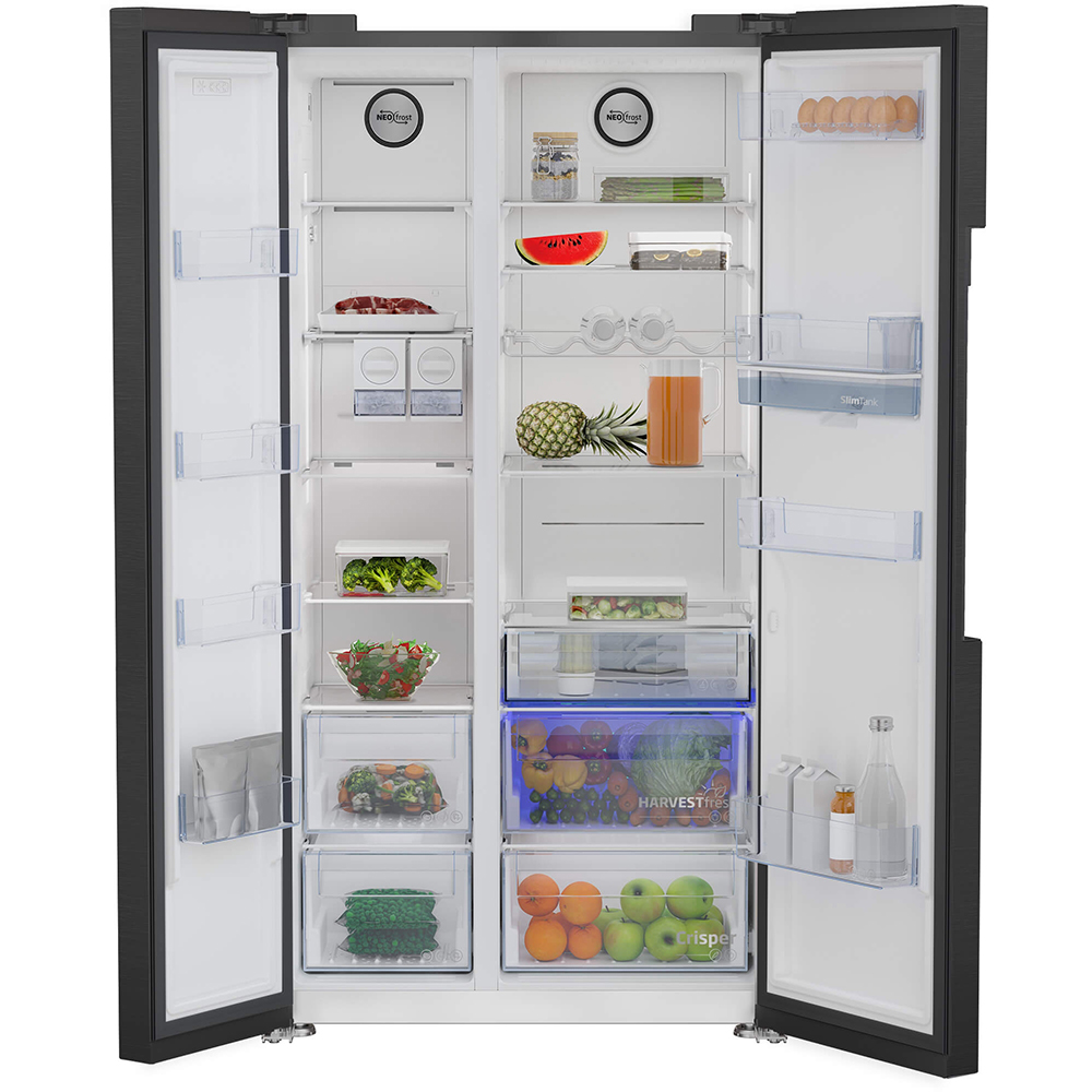 Side by Side BEKO GN163241DXBRN, NeoFrost Dual Cooling, 576 l, H 179 cm, Clasa E, Dozator apa, dark inox