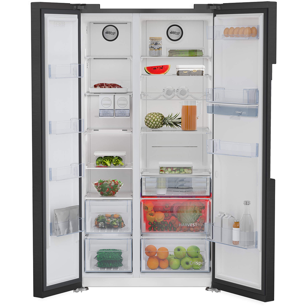 Side by Side BEKO GN163241DXBRN, NeoFrost Dual Cooling, 576 l, H 179 cm, Clasa E, Dozator apa, dark inox