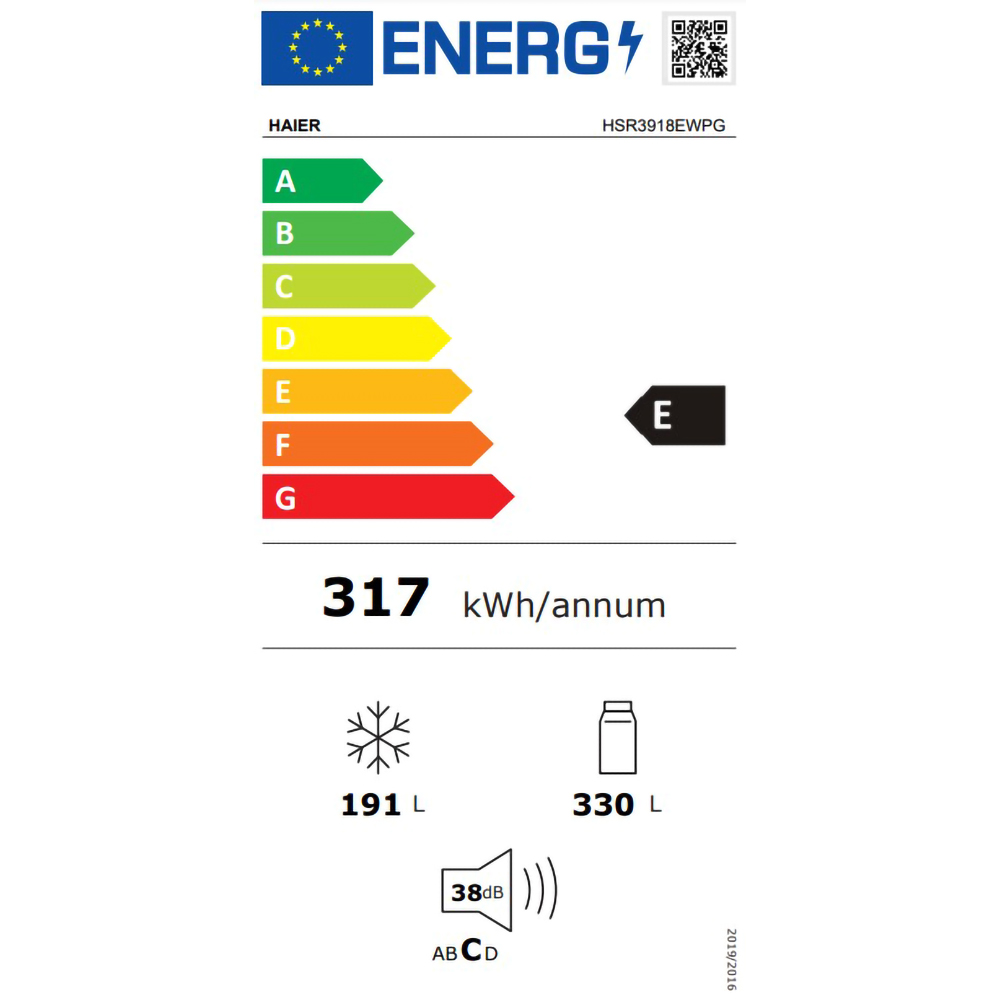 Side by Side HAIER HSR3918EWPG, Total No Frost, 521 l, H 177 cm, Clasa E, Dozator apa, inox