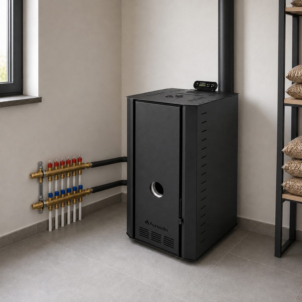 Cazan pe peleti FORNELLO Serena B, 25 kW, 55 x 68 x 102 cm, pompa de circulatie, vas expansiune, telecomanda, Wi-Fi, negru