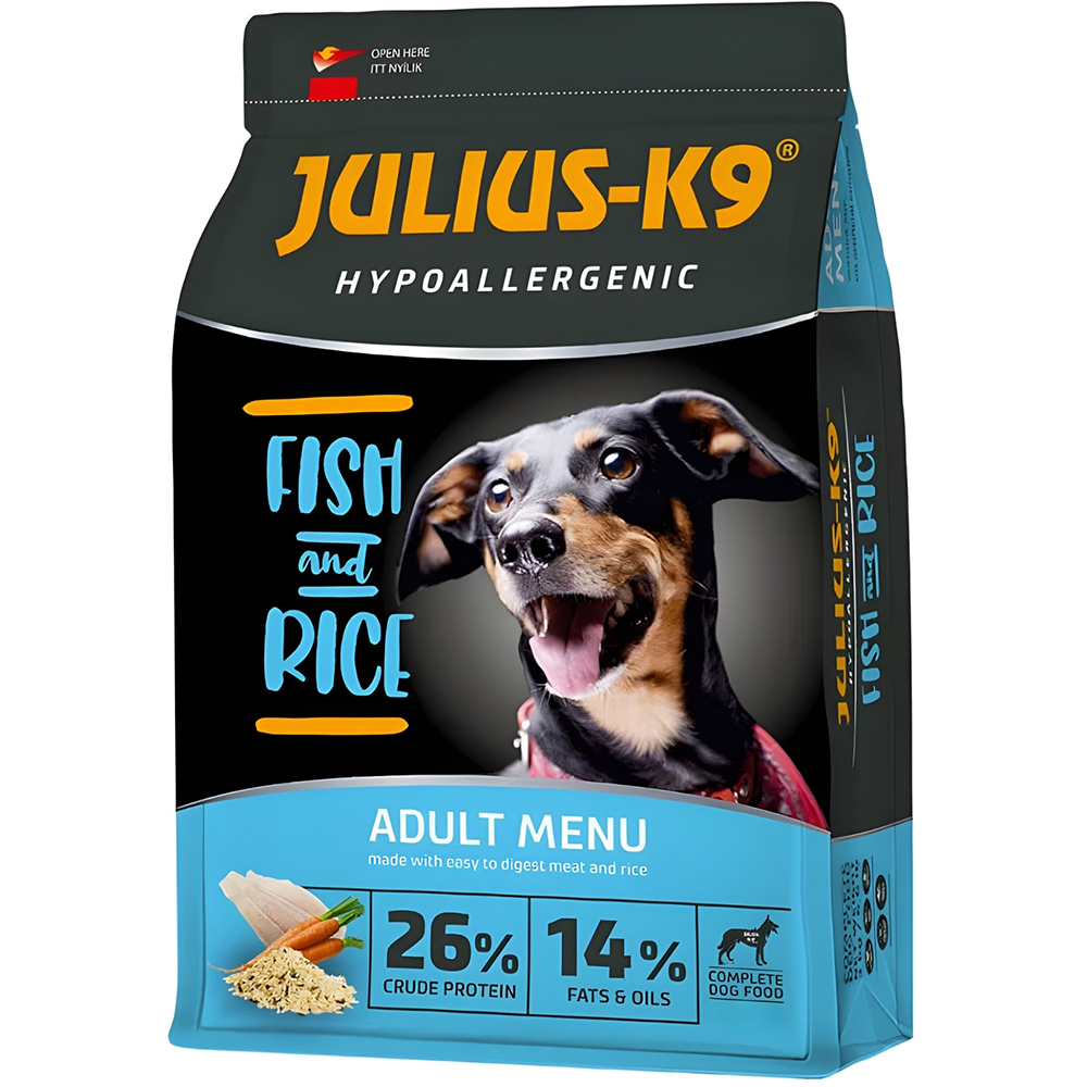 Hrana uscata pentru caini JULIUS K-9 Hypoallergenic, Adult, Peste si Orez, 12 kg