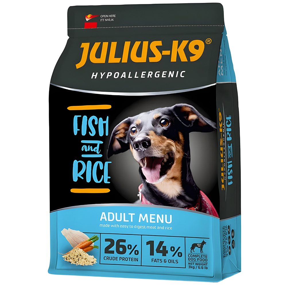 Hrana uscata pentru caini JULIUS K-9 Hypoallergenic, Adult, Peste si Orez, 3 kg