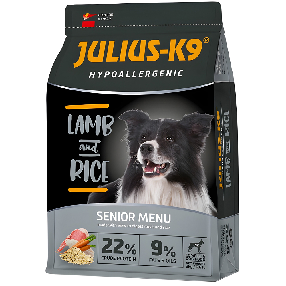 Hrana uscata pentru caini JULIUS K-9 Hypoallergenic, Senior, Miel si Orez, 3 kg